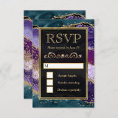 ティール（緑がかった色）、パープル、金ゴールドグリッターアゲート結婚ト 出欠カード (正面/裏面)