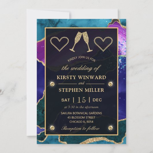 ティール(緑がかった色)、パープル&金ゴールドグリッターピーコックアゲート結婚ズ 招待状 (正面)