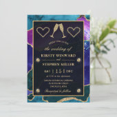 ティール(緑がかった色)、パープル&金ゴールドグリッターピーコックアゲート結婚ズ 招待状 (スタンド正面)