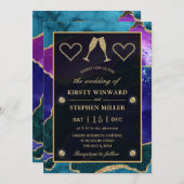 ティール(緑がかった色)、パープル&金ゴールドグリッターピーコックアゲート結婚ズ 招待状 (正面/裏面)