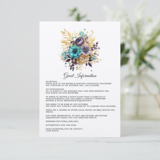 ティール(緑がかった色)、パープル、金ゴールドフローラ結婚ズゲスト詳細 エンクロージャーカード (スタンド正面)