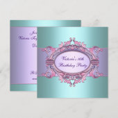 ティール（緑がかった色）パープルSweet sixteen誕生日パーティー 招待状 (正面/裏面)