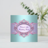 ティール（緑がかった色）パープルSweet sixteen誕生日パーティー 招待状 (スタンド正面)