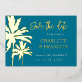 ティール（緑がかった色）パームツリーズビーチ結婚式日付金ゴールドの保存 箔招待状 (正面)