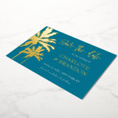 ティール（緑がかった色）パームツリーズビーチ結婚式日付金ゴールドの保存 箔招待状 (回転した状態)