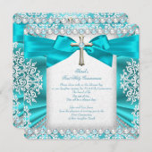 ティール（緑がかった色）パールホワイトファースト聖餐式ガールズ2 招待状 (正面/裏面)