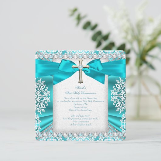 ティール(緑がかった色)パールホワイトファースト聖餐式ガールズ2 招待状 (スタンド正面)