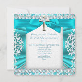 ティール（緑がかった色）パールホワイトファースト聖餐式ガールズ2 招待状 (裏面)