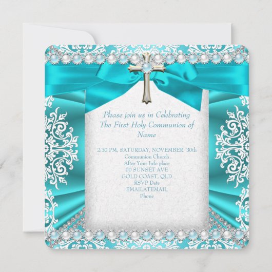 ティール（緑がかった色）パールホワイトファースト聖餐式ガールズ2 招待状 (裏面)