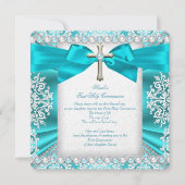 ティール（緑がかった色）パールホワイトファースト聖餐式ガールズ2 招待状 (正面)