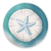 ティール（緑がかった色）ヒトデとサンドドルビーチイ セラミックノブ (正面)