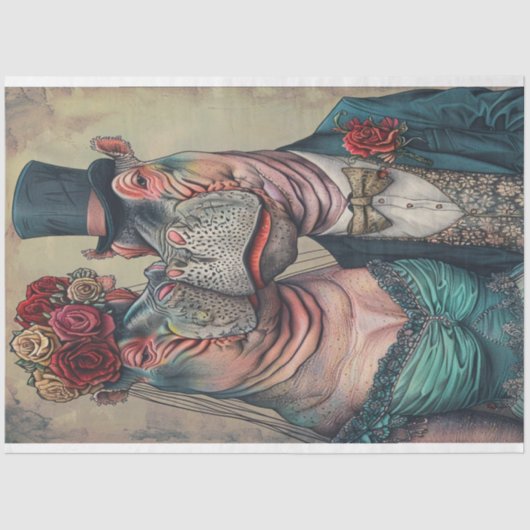 ティール(緑がかった色)ビクトリアン服のカップルのデコページ 薄葉紙 (正面)