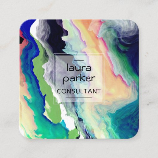 ティール(緑がかった色)ビーチウォーターカラー抽象芸術(ばちゃばちゃ)跳ねるアートスクアール スクエア名刺 (正面)