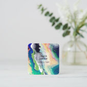 ティール(緑がかった色)ビーチウォーターカラー抽象芸術(ばちゃばちゃ)跳ねるアートスクアール スクエア名刺 (スタンド正面)