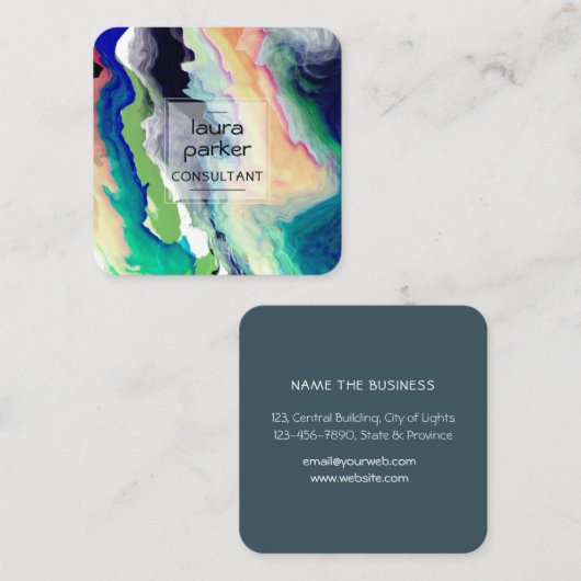 ティール(緑がかった色)ビーチウォーターカラー抽象芸術(ばちゃばちゃ)跳ねるアートスクアール スクエア名刺 (正面/裏面)