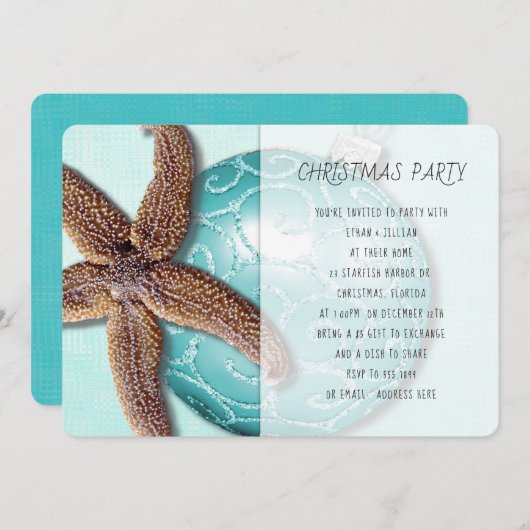 ティール（緑がかった色）ビーチトロピカルクリスマスパーティの招待状 招待状 (正面/裏面)
