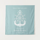 ティール（緑がかった色）ビーチハウスファミリーネームいかり タペストリー (正面)