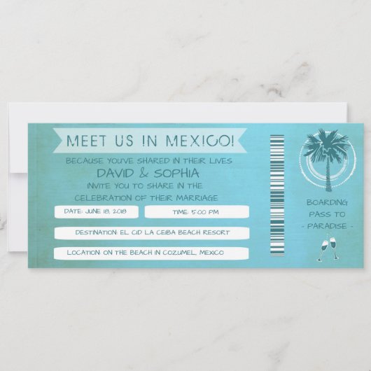 ティール（緑がかった色）ビーチメキシコの搭乗券結婚であなたを見る 招待状 (正面)