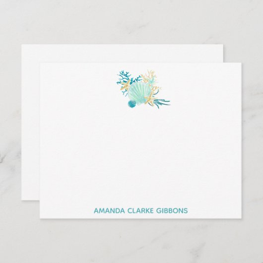 ティール(緑がかった色)ビーチ水彩文房具フラットノートカード ノートカード (正面/裏面)