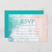 ティール(緑がかった色)ビーチ海サンドウェディングRsvp 出欠カード (正面/裏面)