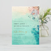 ティール（緑がかった色）ビーチ砂岩の水の色の結婚式の招待 サンキューカード (スタンド正面)
