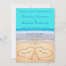 ティール（緑がかった色）ビーチ結婚式2ハートサンド結婚ズ 招待状