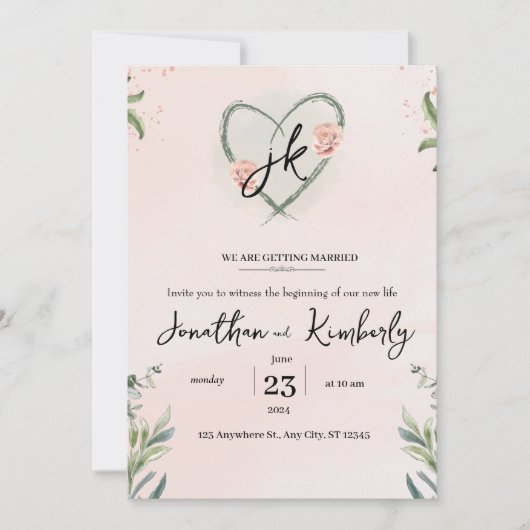 ティール(緑がかった色)ピエレガントンクフローラウォーター結婚カラー 招待状 (正面)