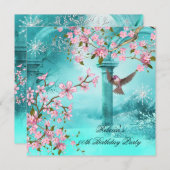 ティール（緑がかった色）ピンクのアジアの花生誕生会の鳥 招待状 (正面/裏面)