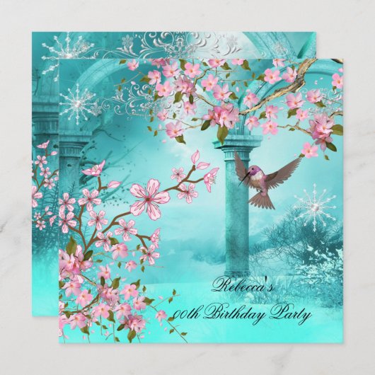 ティール(緑がかった色)ピンクのアジアの花生誕生会の鳥 招待状 (正面/裏面)