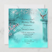 ティール（緑がかった色）ピンクのアジアの花生誕生会の鳥 招待状 (裏面)