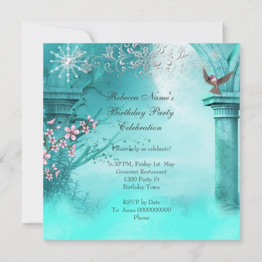 ティール(緑がかった色)ピンクのアジアの花生誕生会の鳥 招待状 (裏面)