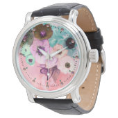 ティール（緑がかった色）ピンクのバラとアネモネの花モノグラム 腕時計 (アングル)