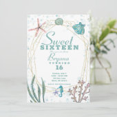 ティール(緑がかった色)&ピンクアンダーザシーお洒落スウィート16パーティー 招待状 (スタンド正面)