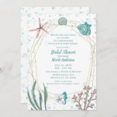 ティール(緑がかった色)&ピンクアンダーザシーお洒落ブライダルシャワー 招待状 (正面/裏面)