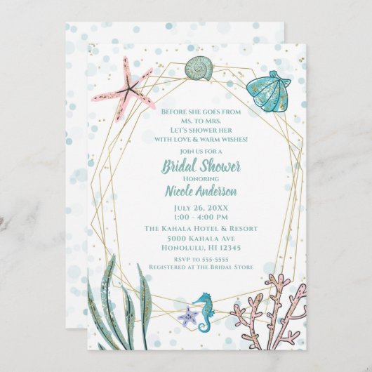 ティール（緑がかった色）&ピンクアンダーザシーお洒落ブライダルシャワー 招待状 (正面/裏面)