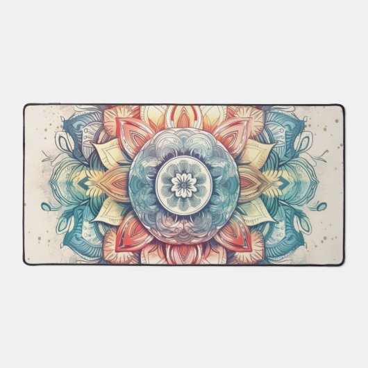 ティール（緑がかった色）ピンクアンドオレンジマンダラ デスクマット (正面)