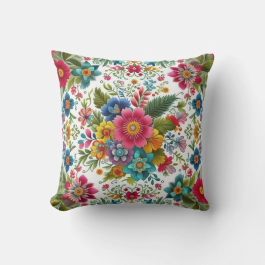 ティール(緑がかった色)ピンクイエローカラフル刺繍スタイル花 クッション (正面)