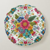 ティール（緑がかった色）ピンクイエローカラフル刺繍スタイル花 ラウンドクッション (裏面)