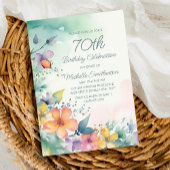 ティール（緑がかった色）ピンクイエローパステルフラワーズ70誕生日 招待状
