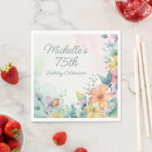 ティール(緑がかった色)ピンクイエローパステルフローラ75th誕生日 スタンダードランチョンナプキン (インサイチュ)