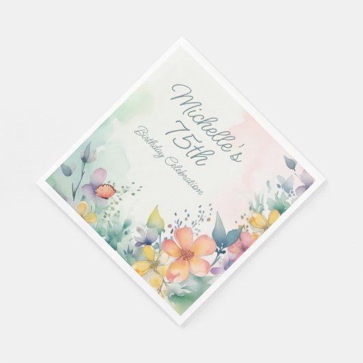 ティール(緑がかった色)ピンクイエローパステルフローラ75th誕生日 スタンダードランチョンナプキン (角)