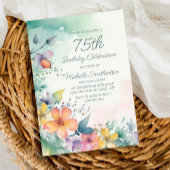 ティール（緑がかった色）ピンクイエローパステルフローラ75th誕生日 招待状