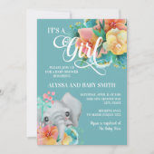 ティール（緑がかった色）ピンクイエローフローラ象ベビーガールシャワー 招待状 (正面)