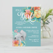 ティール（緑がかった色）ピンクイエローフローラ象ベビーガールシャワー 招待状 (スタンド正面)