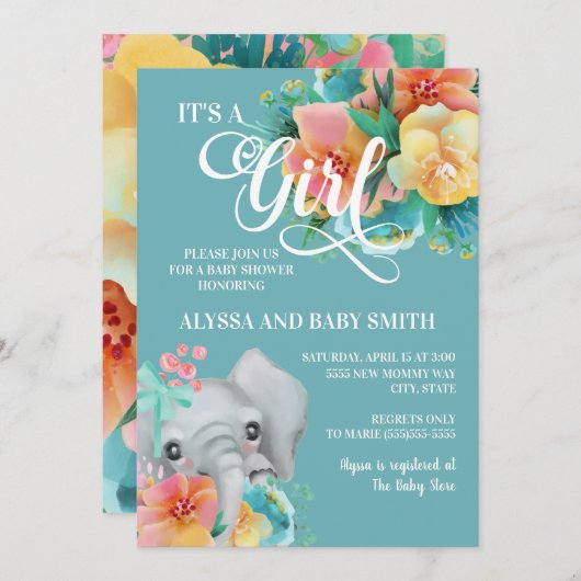 ティール（緑がかった色）ピンクイエローフローラ象ベビーガールシャワー 招待状 (正面/裏面)