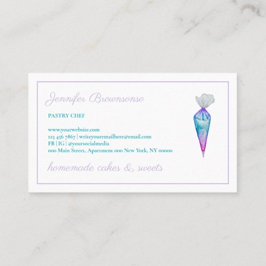 ティール(緑がかった色)ピンクウォーターカラーペストリーバッグベーカリー 名刺 (裏面)