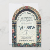 ティール(緑がかった色)&ピンクエレガントアーチアールヌーボー結婚ズ 招待状 (正面)