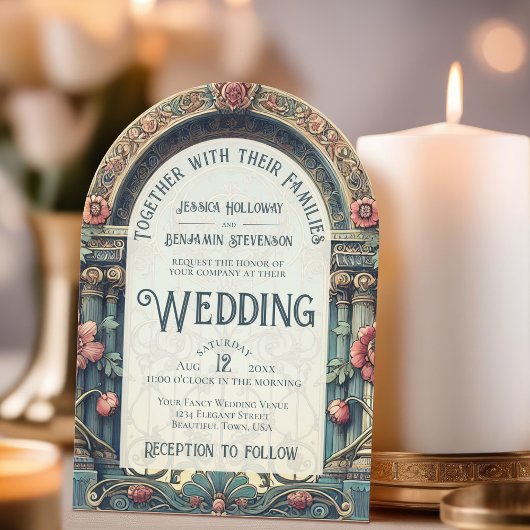 ティール(緑がかった色)&ピンクエレガントアーチアールヌーボー結婚ズ 招待状