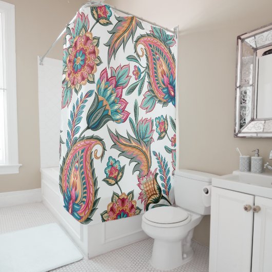 ティール(緑がかった色)、ピンクオレンジペイズリーフローラシャワーカーテン シャワーカーテン (インサイチュ)
