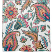 ティール（緑がかった色）、ピンクオレンジペイズリーフローラシャワーカーテン シャワーカーテン (正面)